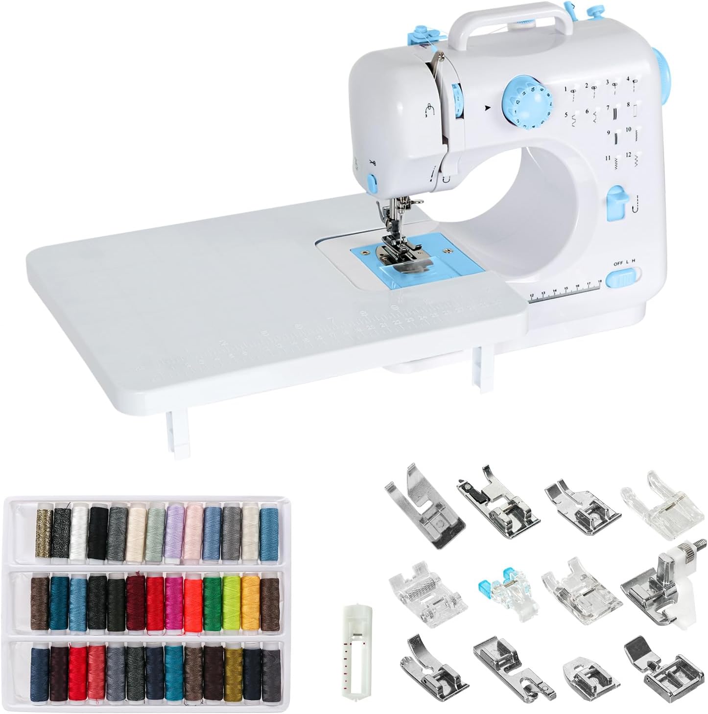 Sewing Machine for Beginners, Portable Mini Sewing Machine with 13 Replaceable Presser Feets, Built-in 12 Stitches, Extension Table, 39 Colors Thread, Reverse Sewing, 2 Speed Foot Pedal, Sewing Kit