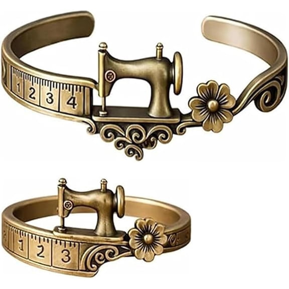 Sewing Machine Bracelet and Ring Jewelry Set, Vintage Antique Bronze Novelty Band Charms for Women Sewing Enthusiasts Gifts
