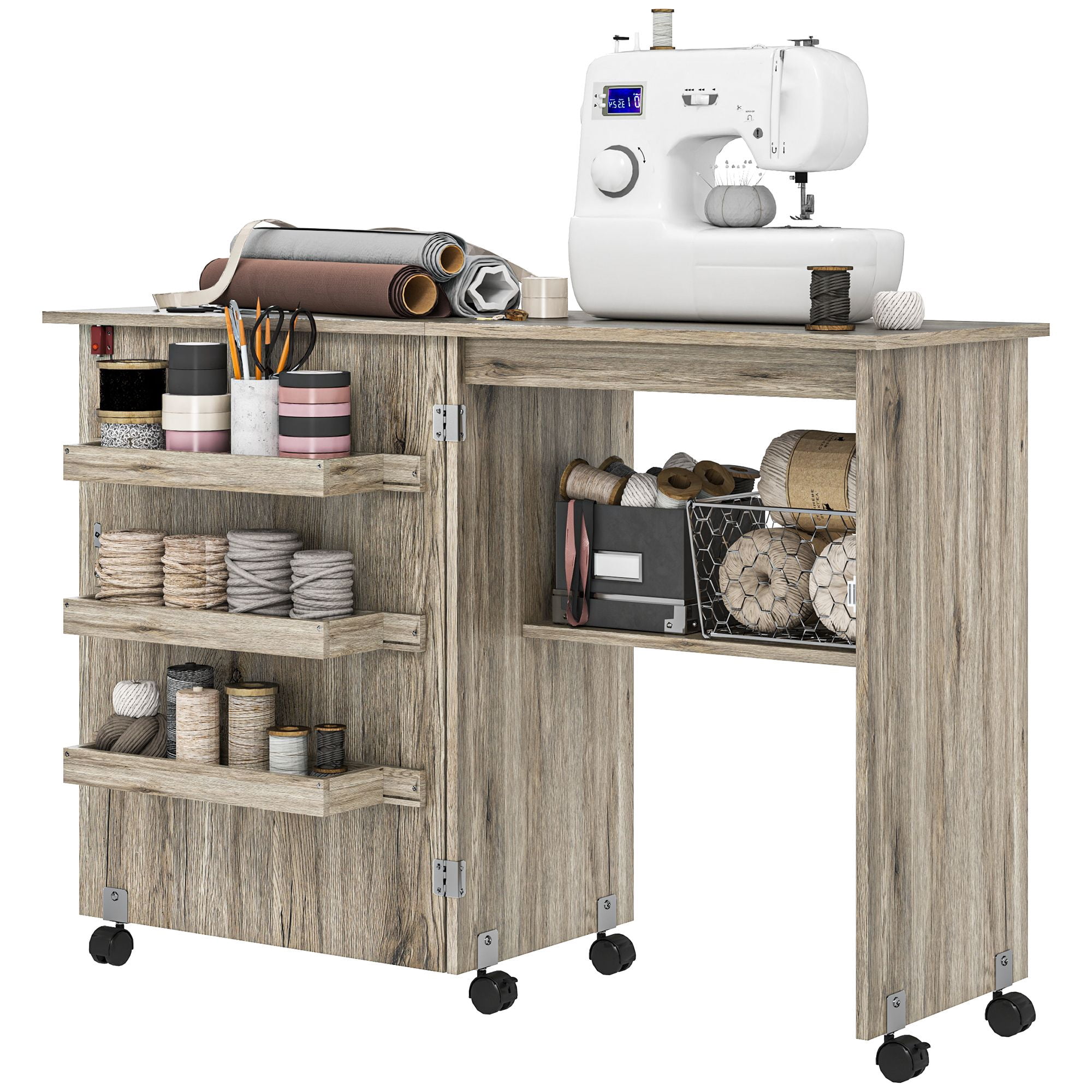 Sewing Machine Cabinet, Folding Sewing Table with Storage Shelf, Bins and Lockable Wheels for Small Space, Grey