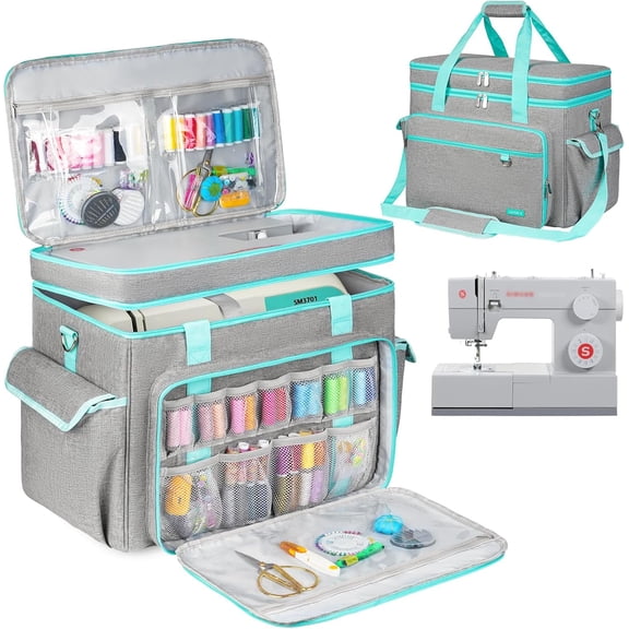 Sewing Machine Case with Removable Hard Bottom Pad,2 Layer Carrying Bag Universal Tote Fit for Most Standard Size Singer,, and Accessories,Grey/Green