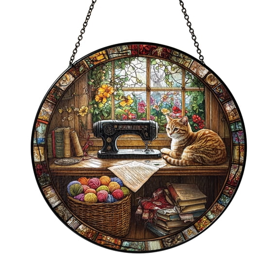 Sewing Machine Cat Stained Glass Suncatcher Window Hanging Floral Craft Room Decor Cute Feline Sewing Art Gift for Quilters and Cat Lovers