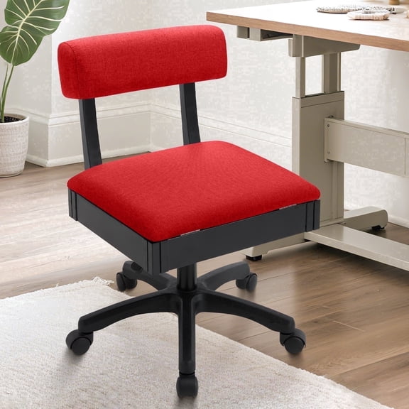 Sewing Chair Adjustable Height Swivel Sewing Chair with Wheels, Upholstered Craft Chair with Drawers for Sewing Craft Room, red