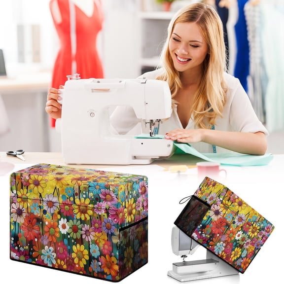 Sewing Machine Cover, Spring Theme Flower Patterned, Dust Cover Fit Standard Sewing Machines, Features a Convenient Mesh Pocket for Accessories and Supplies