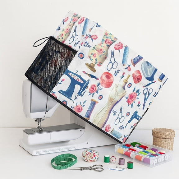 Sewing Machine Cover with Storage Pockets Sewing Element Pattern Protective Dust Covers for Most Standard Sewing Machines and Accessories