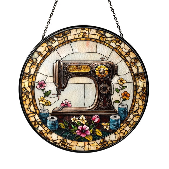 Sewing Machine Floral Stained Glass Suncatcher Window Art, Retro Craft Inspired Panel, Cozy Studio Decor for Quilters
