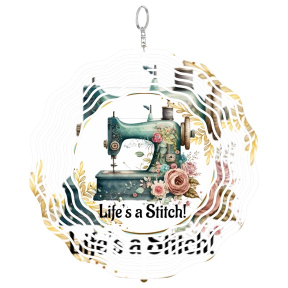 Sewing Machine Funny Pun 3D Wind Spinner Kinetic Metal Hanging Crafter Hobby Gift Round