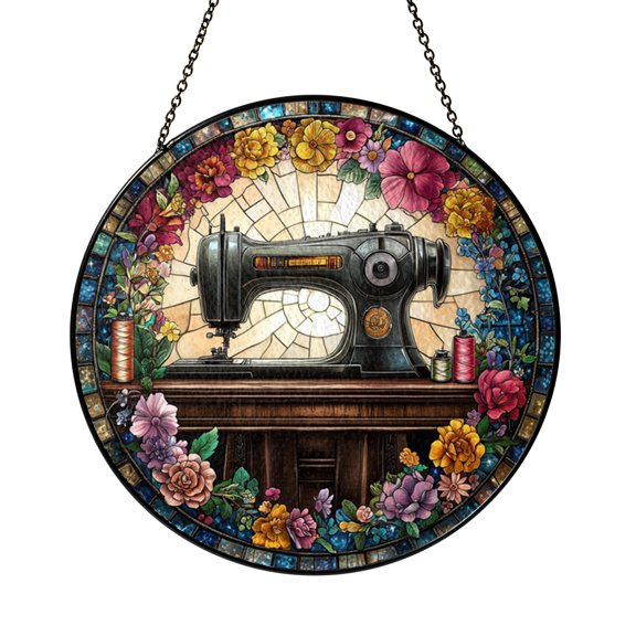 Sewing Machine Glass Style Suncatcher Window Hanging, Quilter Gift Art for Sewing Room Home Decor