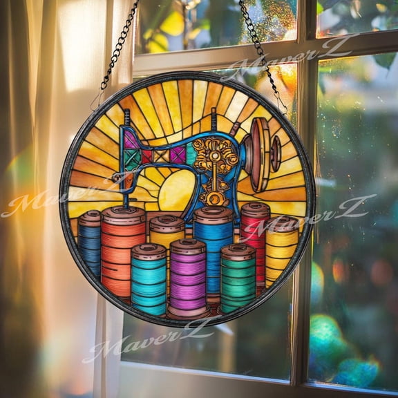 Sewing Machine Glass Suncatcher, Round Colorful Thread Spools, Quilter, 6.3 in