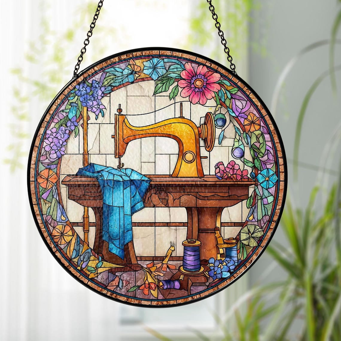 Sewing Machine Glass Suncatcher v6, Craft Room Window Art, Quilting ...