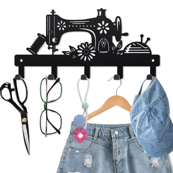 Sewing Machine Metal Key Hooks 4.79.8 Inch Daisy Wall Mounted Hook Hangers Black Needle and Thread Key Holder for Wall with 5 Hooks