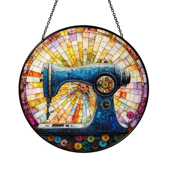 Sewing Machine Stained Glass Round Suncatcher – Colorful Thread Spools Window Panel, Craft Room Decor Gift for Quilters