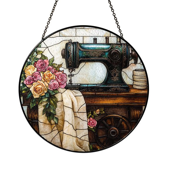 Sewing Machine Stained Glass Style Suncatcher, Quilter Window Hanging for Craft Rooms and Tailor Inspired Decor