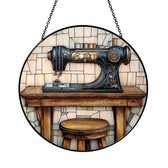 Sewing Machine Stained Glass Style Suncatcher, Window Hanging Decor for Quilters and Sewing Lovers
