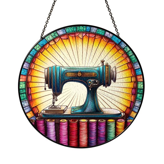 Sewing Machine Stained Glass Suncatcher – Round Thread Spools Window Hanging for Quilters