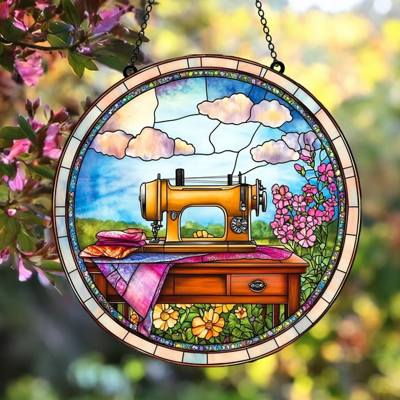 Sewing Machine Suncatcher - Stained Glass, Wild Flower Design Window Hanging, Personalized Sewing Lover Gift for Quilters, Tailor Shop Home Decor