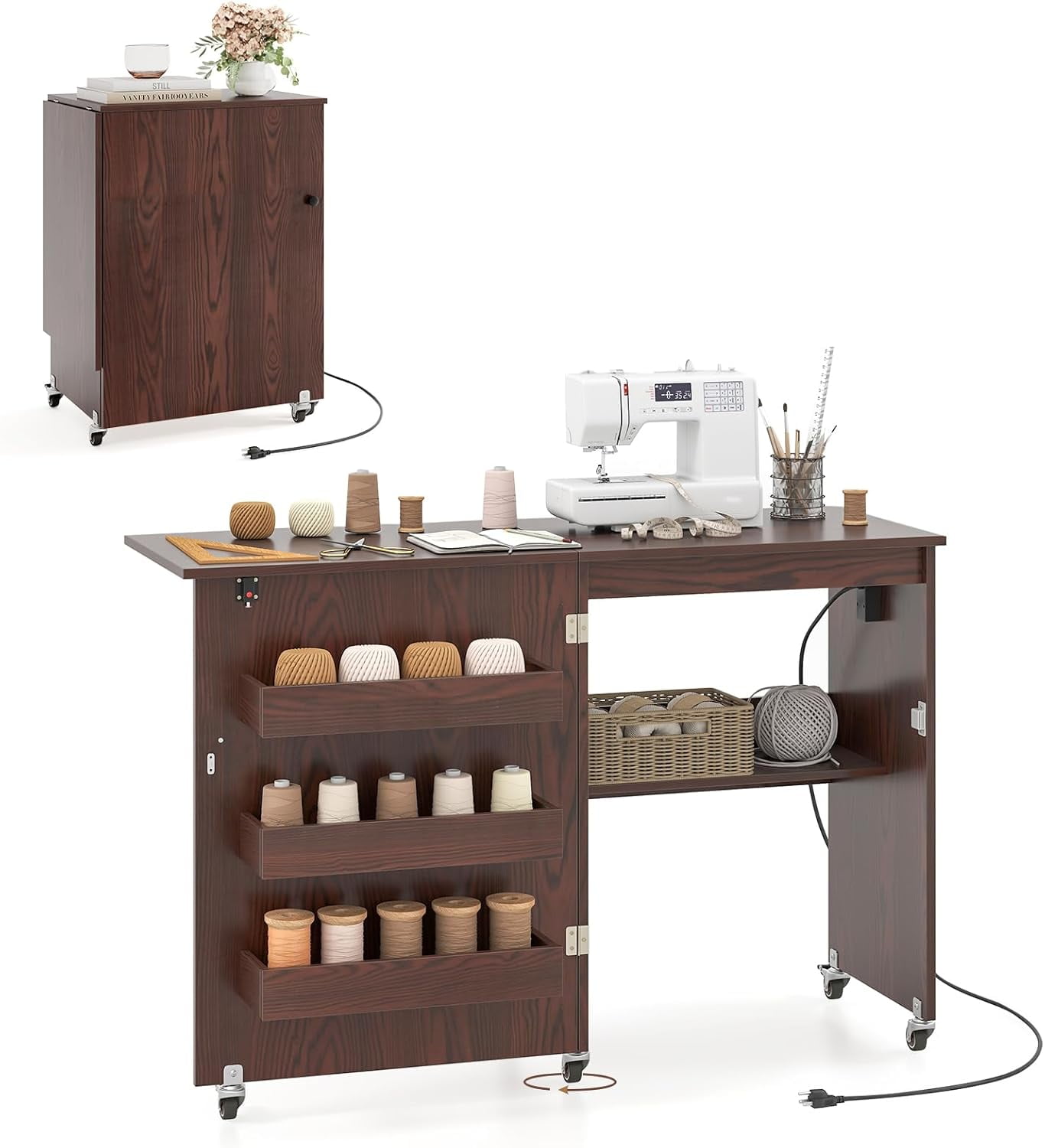 Sewing Machine Table with Charging Station, Folding Sewing Cabinet w/Lockable Casters, 3-Tier Shelf, Middle Rack, Magnetic Door, Small Sewing Desk for Home Apartment, Studio (Brown)
