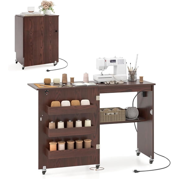 Sewing Machine Table with Charging Station, Folding Sewing Cabinet w/Lockable Casters, 3-Tier Shelf, Middle Rack, Magnetic Door, Small Sewing Desk for Home Apartment, Studio (Brown)