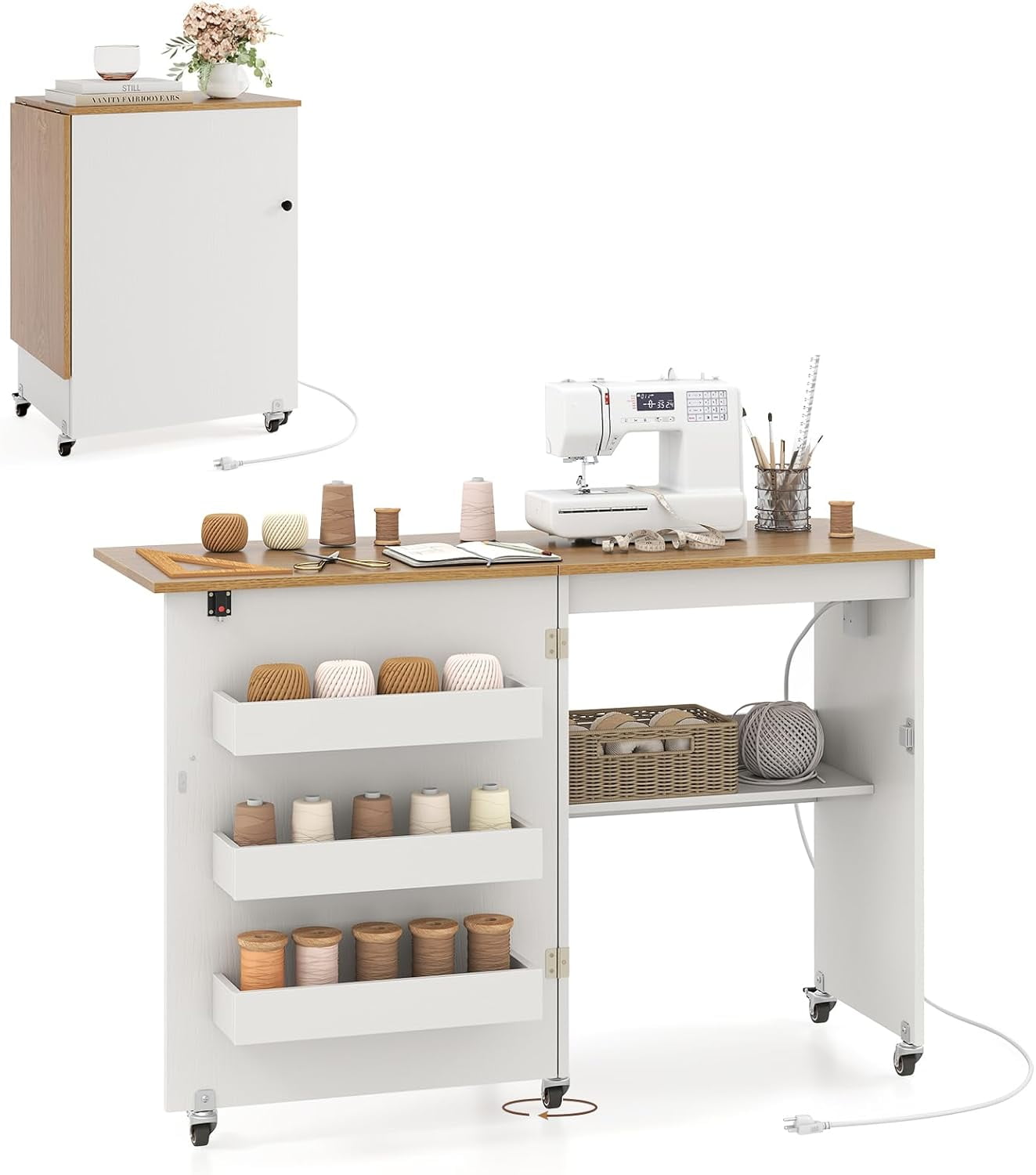 Sewing Machine Table with Charging Station, Folding Sewing Cabinet w/Lockable Casters, 3-Tier Shelf, Middle Rack, Magnetic Door, Small Sewing Desk for Home Apartment, Studio (White & Natural)