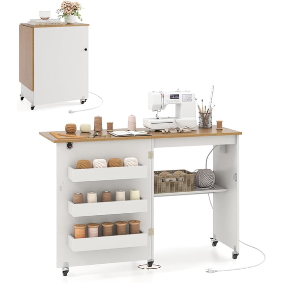Sewing Machine Table with Charging Station, Folding Sewing Cabinet w/Lockable Casters, 3-Tier Shelf, Middle Rack, Magnetic Door, Small Sewing Desk for Home Apartment, Studio (White & Natural)