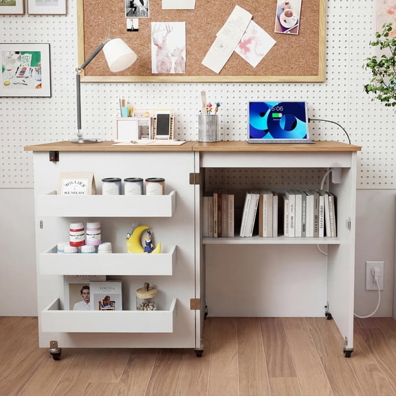 Sewing Machine Table with Charging Station, 3-Tier Shelf, Lockable Casters