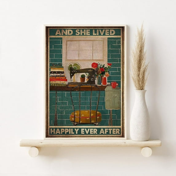Sewing Machine Vintage Art Print, And She Lived Happily Ever After Print, Sewing Wall Hanging, Sewing Lover Idea, Tailor Store Print Home Decor #3052, 8x12 UNFRAMED