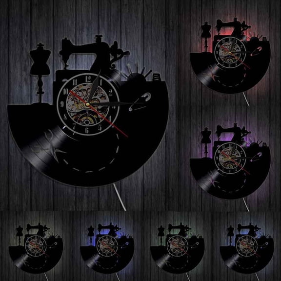 Sewing Machine Wall Clock Art Sewing Design Vinyl Record Clock Gifts for Seamstress Tailors Fashion Store Craft Room Wall Decor With LED