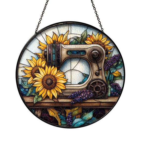 Sewing Machine with Sunflower Glass Window Suncatcher, Creative Craft Room Home Decor