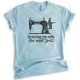 thumbnail image 1 of Sewing Mends The Soul Shirt, Unisex Women's Shirt, Crafting Shirt, Sewing Shirt, Sewing Machine Shirt, Heather Light Blue, Medium, 1 of 6