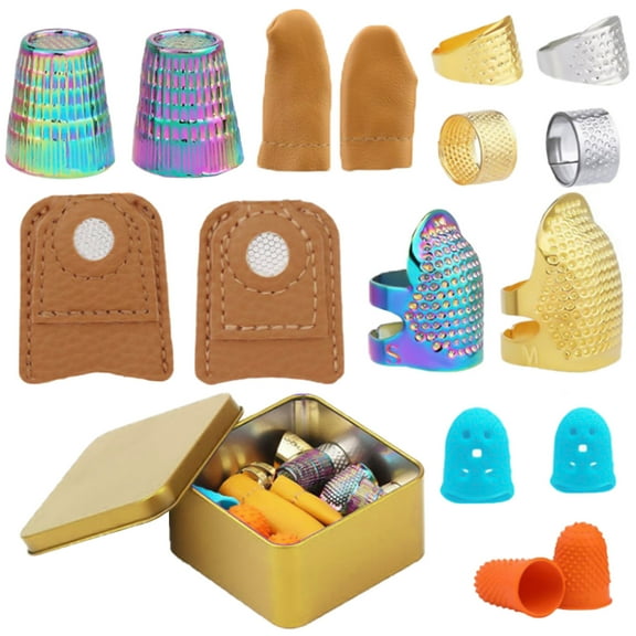 Sewing Needle Knitting Finger Thimble Set, Metal Thimble Leather Coin Thimble Finger Protector Leather Finger Tip Guards