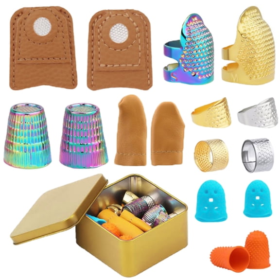 Sewing Needle Knitting Finger Thimble Set, Metal Thimble Leather Coin Thimble Finger Protector Leather Finger Tip Guards