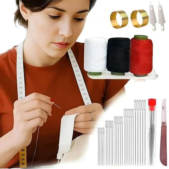 Sewing Needles Large Eye Hand Sewing, Thread for Sewing, Sewing Supplies, 39 Pc Sewing Notions & Supplies, Black Thread for Sewing, White Thread for Sewing, Seam Ripper and Thread