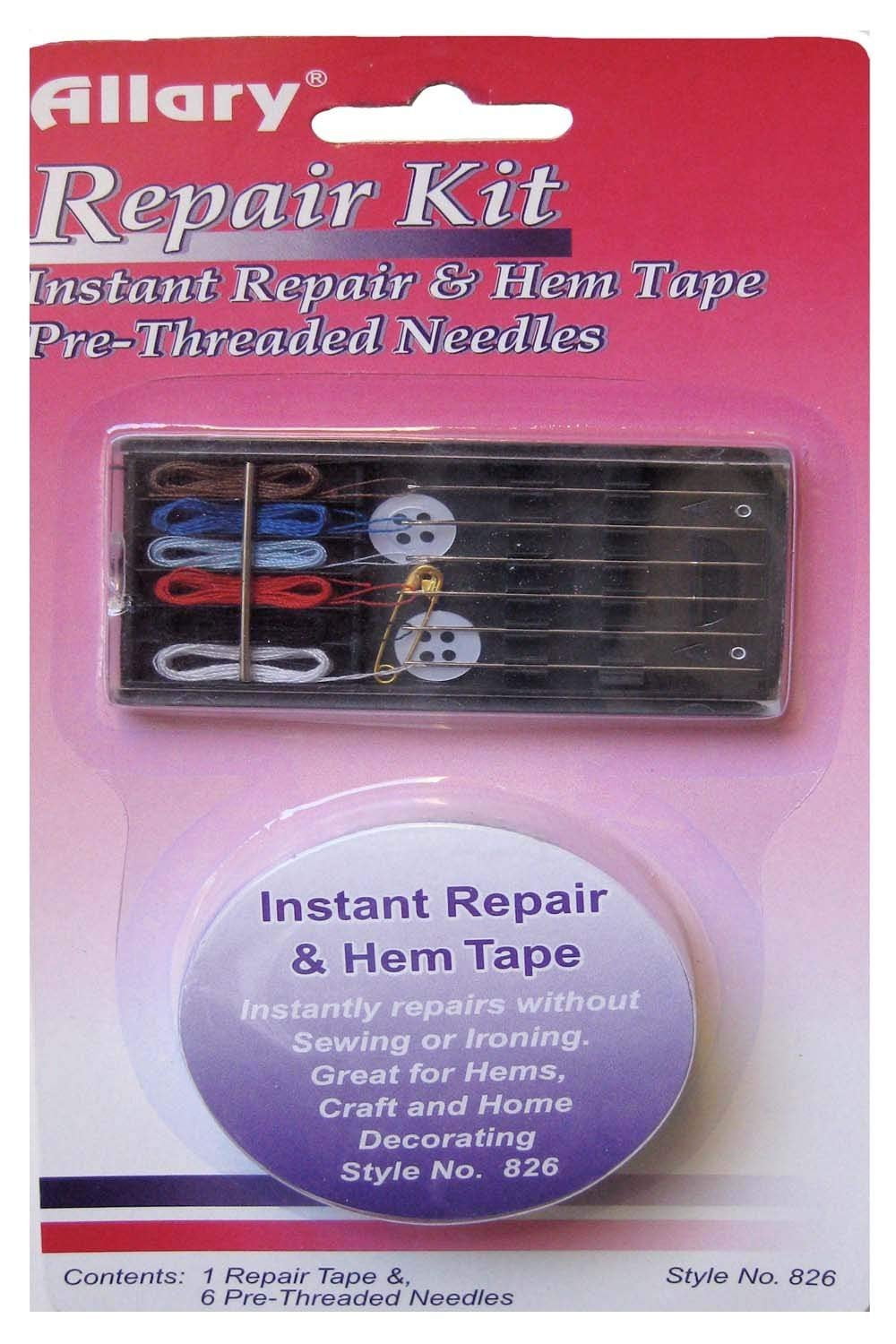 Sewing Repair Kit. 1 Instant Repair & Hem Tape, 6 Prethreaded Hand