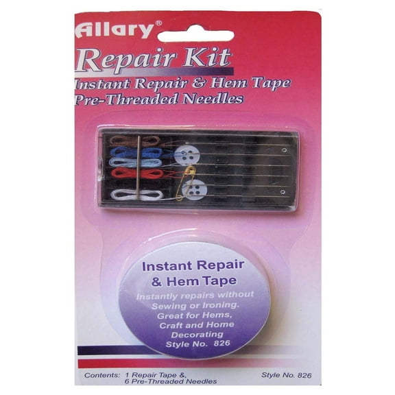 Sewing Repair Kit. 1 Instant Repair & Hem Tape, 6 Pre-threaded Hand Needles, 2 Shirt Buttons