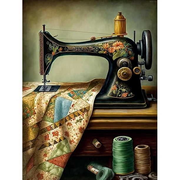IPISSOI Vintage Sewing Machine Diamond Painting Kit - 12x16in Full Drill DIY Art For Beginners & Home Decor