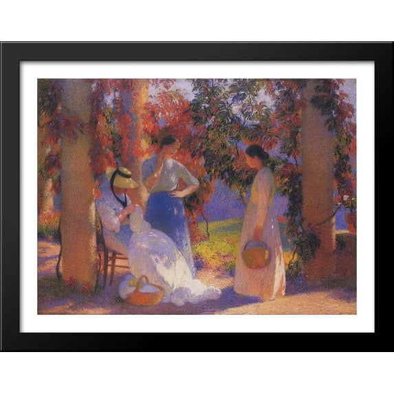 Sewing Scene under the Pergola at Marquayrol 36x28 Large Black Wood Framed Print Art by Henri Martin