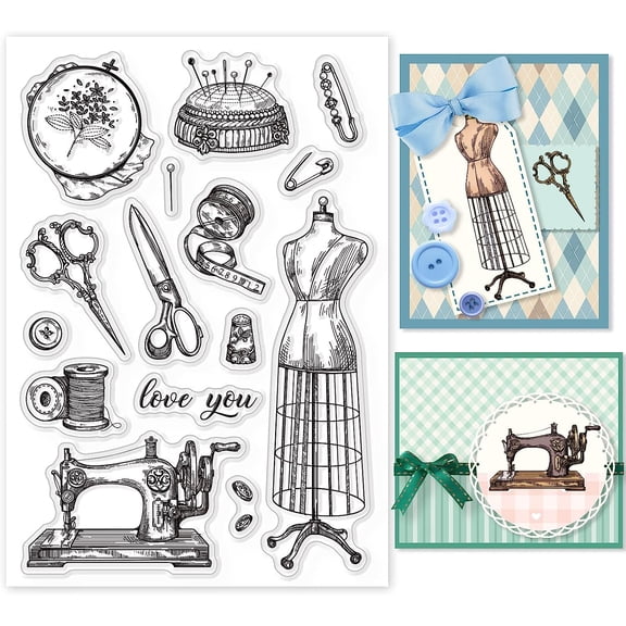 Sewing Silicone Clear Stamp Vintage Sewing Machine Transparent Silicone Stamp Buttons Rubber Stamp for Scrapbook Journal Card Making 4.3 x 6.3 Inch Colorful