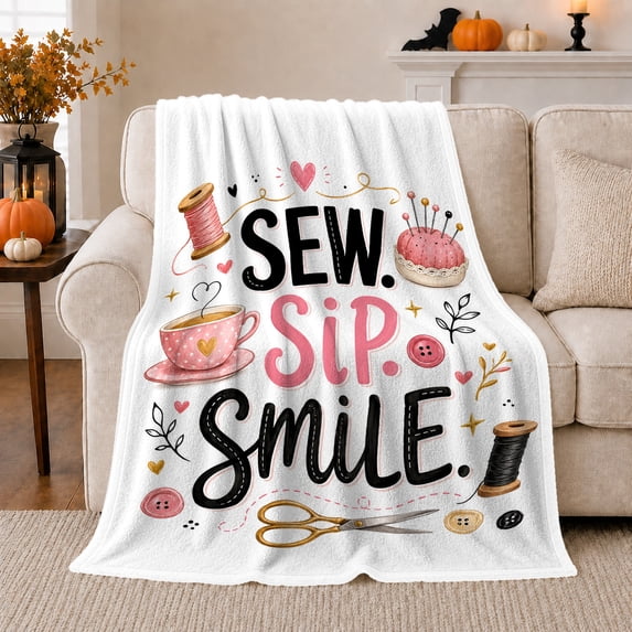 Sewing Sip Smile, Playful Celestial Scene, Warm Flannel Blanket for Home Library and Reading Nook, Celestial Art Lovers Valentine's Day Gift, Celestial Home Decor