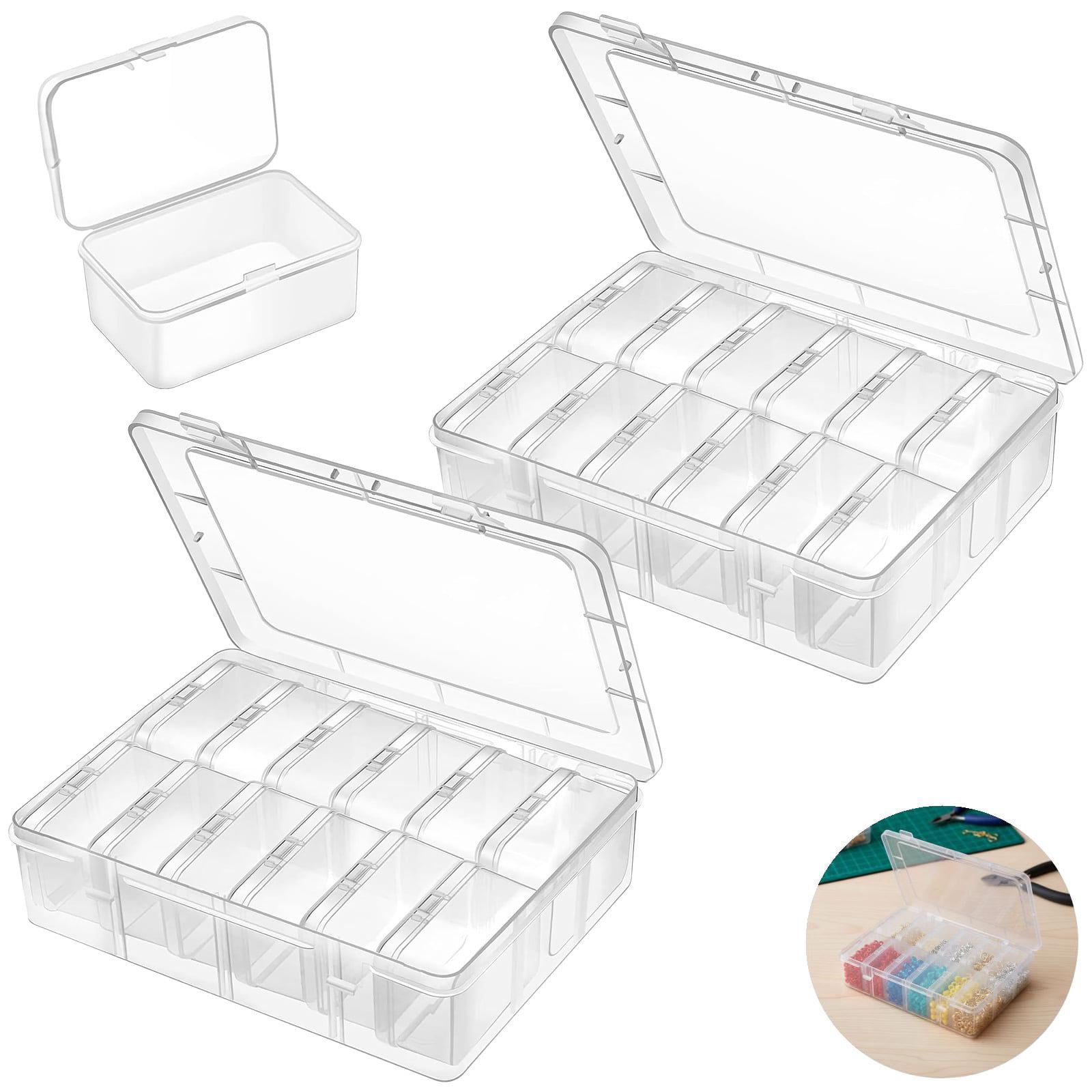 2 PCS Bead Organizer Box Set, 2 Clear Plastic Storage Cases with 24 Removable Small Boxes, DIY Craft Container for Jewelry Making Sewing Supplies, Small Parts Storage Box with Lid
