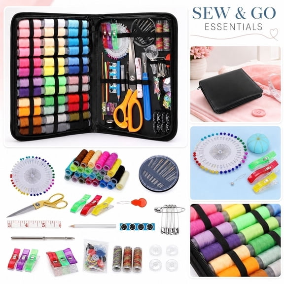 Sewing Supplies, 213-Piece Travel Sewing Kit, Household Needle and Thread Kit, Complete Sewing Notions & Supplies Set, with 11X8X1.5 Inch Portable Travel Case, Assorted Sewing