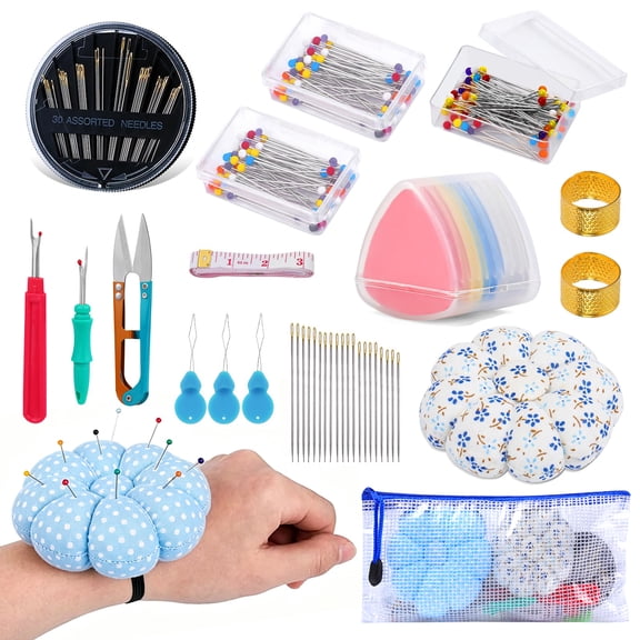 Sewing Supplies, Sewing Wrist Pin Cushion Kit, Needle Cushion with 150 Pcs Sewing Pins, 50 Pcs Sewing Needles, Seam Rippers, Scissors, and Tape Measure