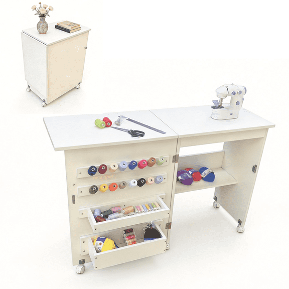 Sewing Table with Lockable Wheels, Folding Craft Station with Storage Shelves, Storage Trays, Pegs,Magnetic Locks,Multipurpose Sewing Machine Desk for Small Spaces