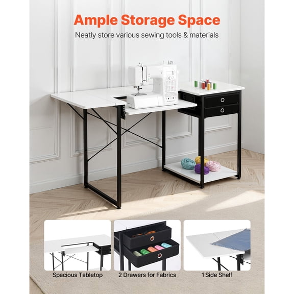 Sewing Table with 3 Drawers, Foldable Side Shelf, Adjustable Shelf, Steel Legs, 31.5 x 23.62 in Work Surface, Multipurpose Craft Desk for Home Studio