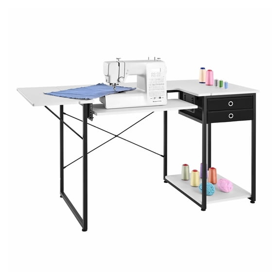 Sewing Table with Drawers and Foldable Shelf, Adjustable Height, Steel Legs, Multipurpose Desk for Home Studio