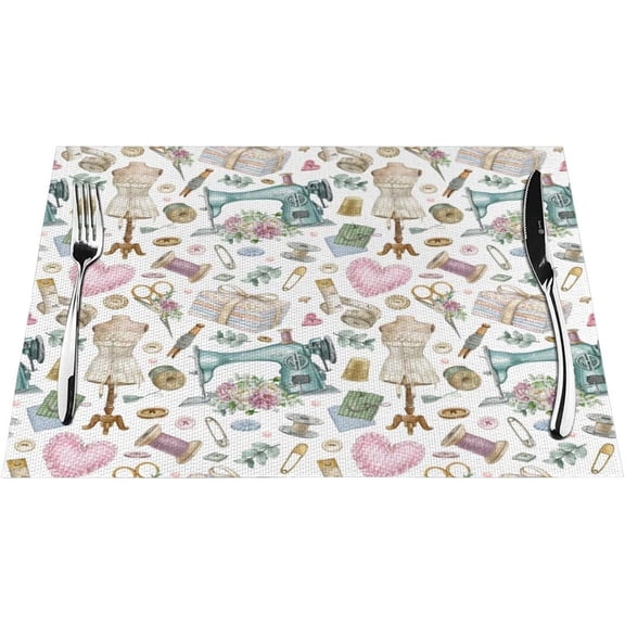 Sewing Theme Placemats,Vintage Sewings Machine Tool Watercolor Pattern Print Table Place Tables Mat for Kitchen Dining Party Indoor Outdoor Hotel,12x18 in Set of 6