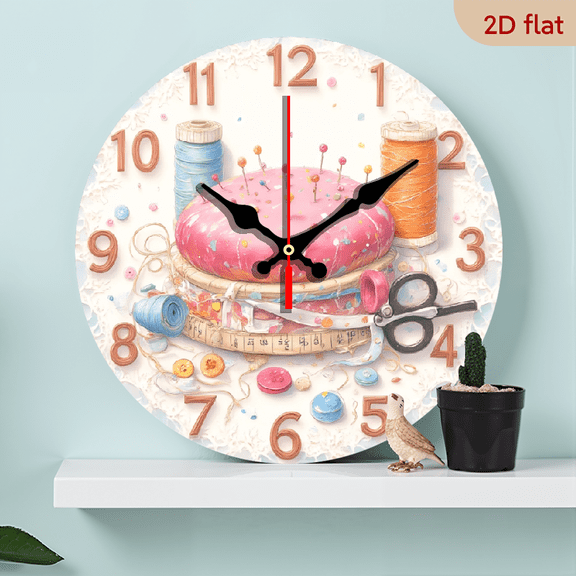 Sewing Theme Wall Clock, Colorful Pincushion Thread Spools Scissors Design, Craft Room & Sewing Studio Decor, Perfect Gift for Sewers & Craft Enthusiasts