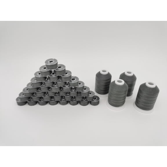 DOUBLELIN Size M Prewound Bobbins and Thread Combo, 30+4, Grey Satin