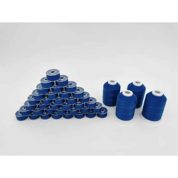 Sewing Thread Combo, 36pcs size A, style A, SA156, Class 15, 15J prewound bobbin plus 4 spools same color top thread, 405 Blue color, 40S/2 Spun Polyester, Thread weight 34wt