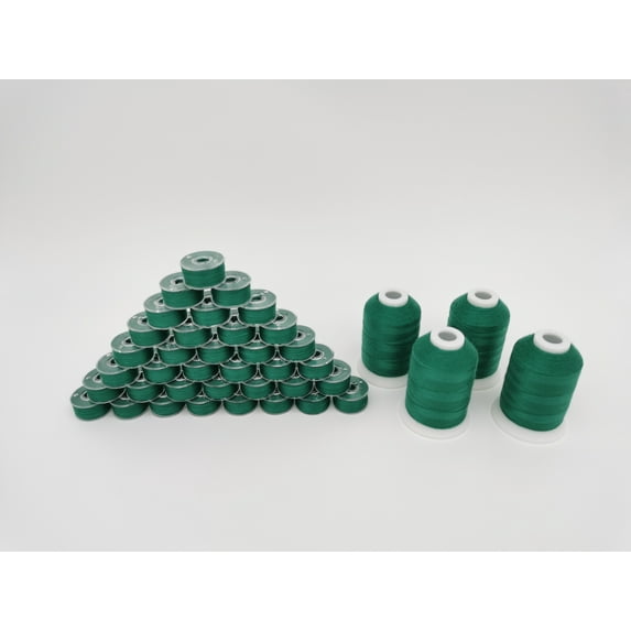Sewing Thread Combo, 36pcs size A, style A, SA156, Class 15, 15J prewound bobbin plus 4 spools same color top thread, 808 Deep Green color, 40S/2 Spun Polyester, Thread weight 34wt