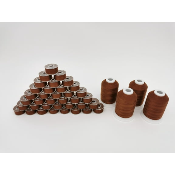 DOUBLELIN Size L Prewound Bobbins and Thread Combo, 36+4, Clay Brown