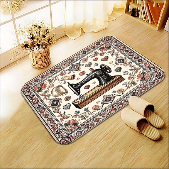 Sewing machine pattern printed doormat, non-slip bathroom mat, microfiber absorbent rug, machine washable, suitable for bedrooms, living rooms, camping, picnics and yoga, etc.